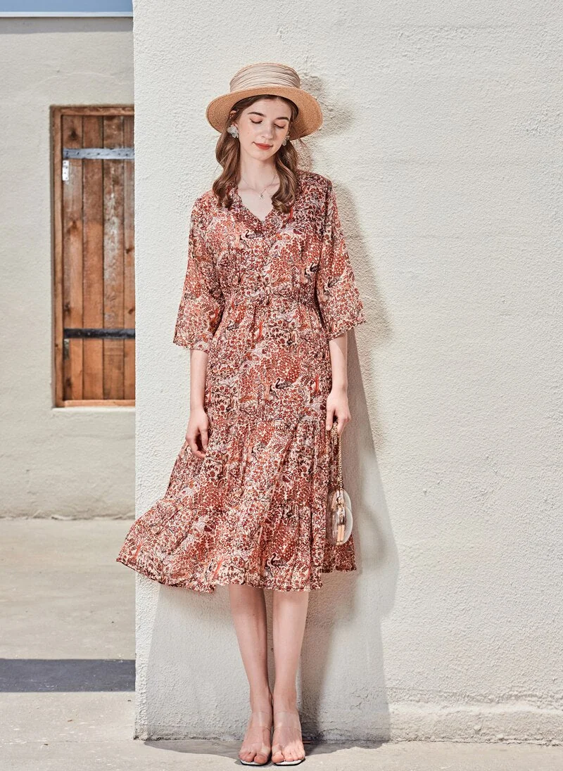 100% Silk Women's Runway Dresses Sexy V Neck 3/4 Sleeves Ruffles Printed Fashion Casual Summer Dresses