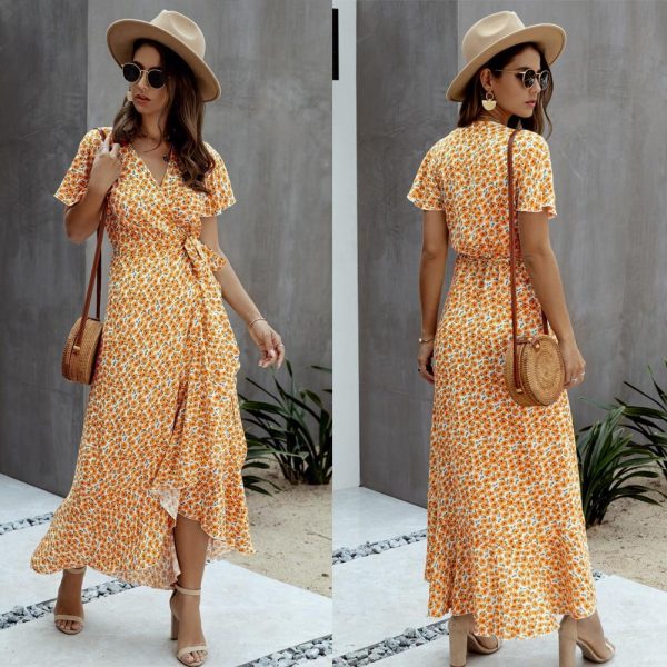 Summer Maxi Dress Women Polka Dot Sexy V Neck Ruffles Short Sleeve Holiday Long Beach Sundress Ladies Lace Up Wrap Party Dresses - Takalr