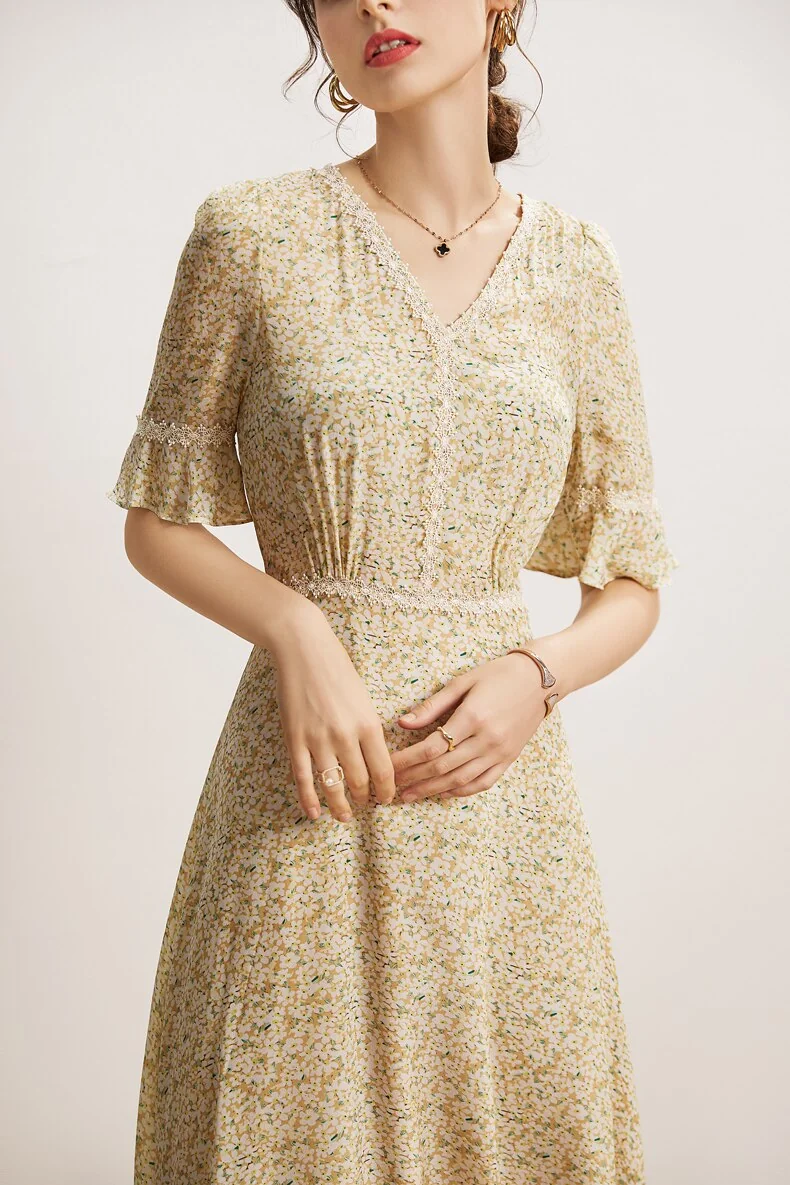 100% Natural Silk Women's Dresses Sexy V Neck Short Sleeves Printed Lace Piping Fashion Dress Vestidos - Image 3