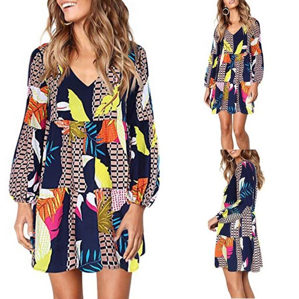 Fashion Womens Long Sleeve Dress Maple Leaf Printed Swing Loose Comfy Casual Dress A-line Fashion Dress#D3 - Takalr