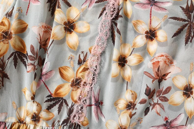 100% Natural Silk Women's Dresses Sexy V Neck Half Sleeves Lace Patchwork Floral Printed Ruffles Fashion Mid Summer Dress - Image 13