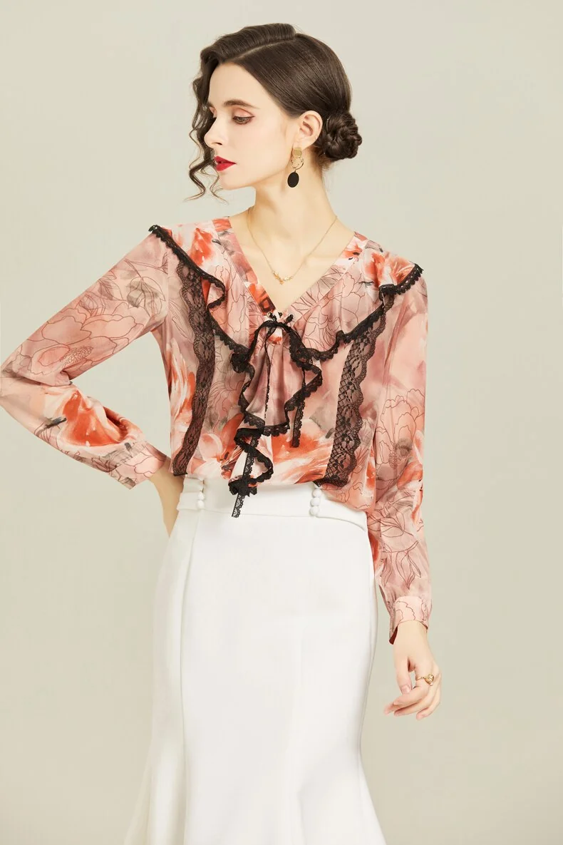 100% Silk Women's Runway Shirts V Neck Long Sleeves Ruffles Lace Patchwork Elegant Pullover Fashion Blouse Camisas - Image 6