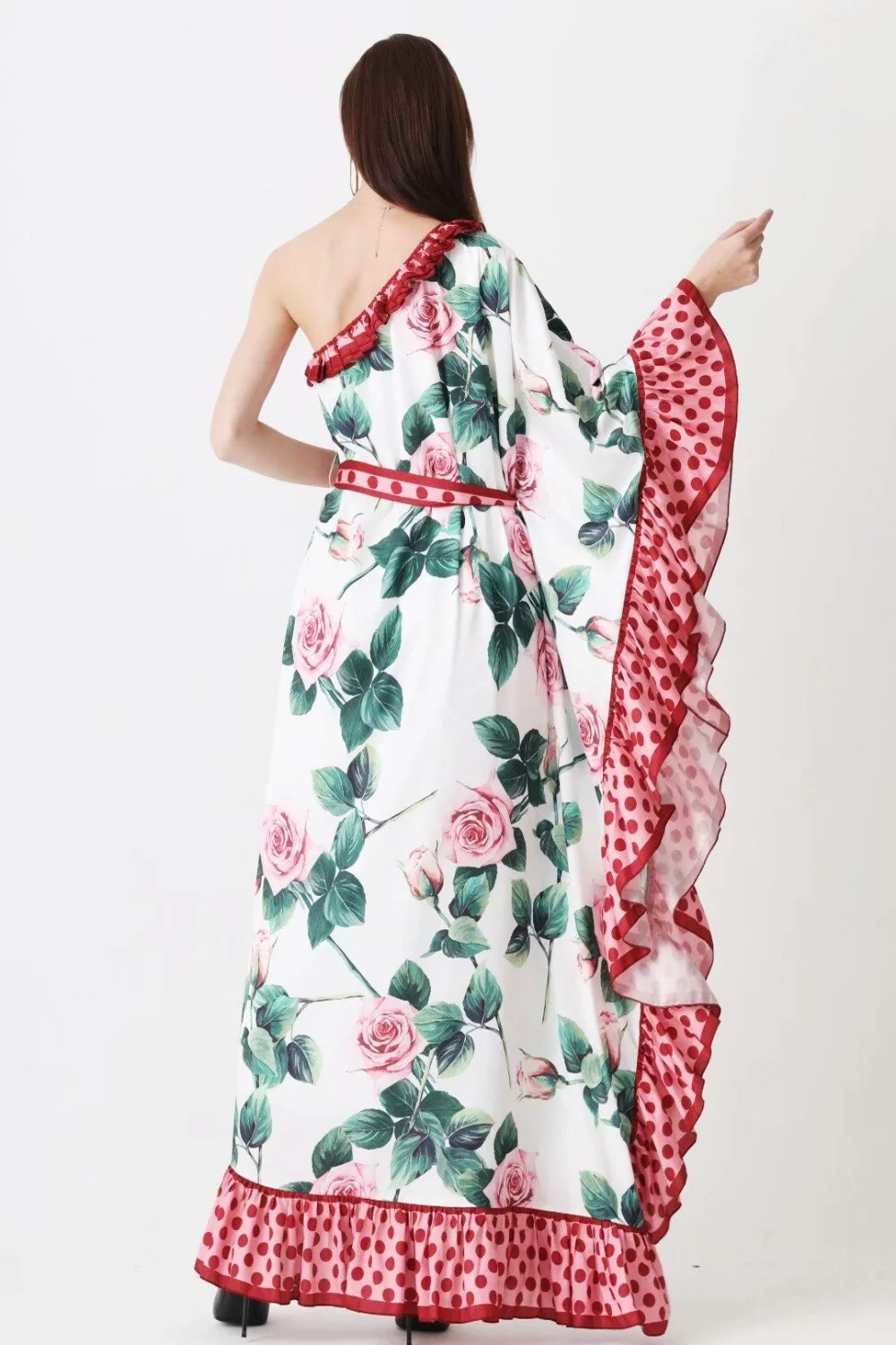 Women's Runway Dresses Sexy One Shoulder Ruffles Floral Printed Sash Belt Loose Design Fashion Long Maxi Bohemian Dresses - Image 6