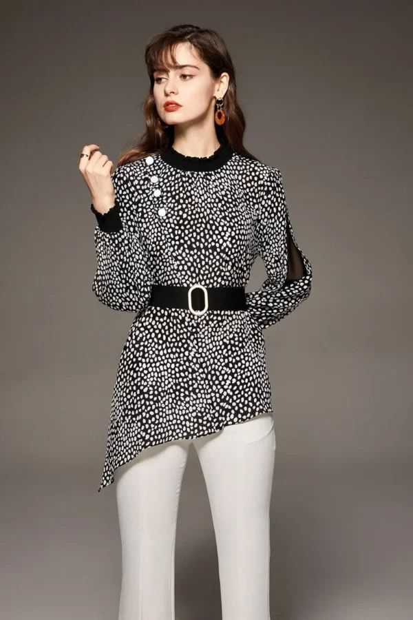 100% Natural Silk Women's Shirt O Neck Long Sleeves Dots Printed Asymmetrical Fashion Blouse Tops