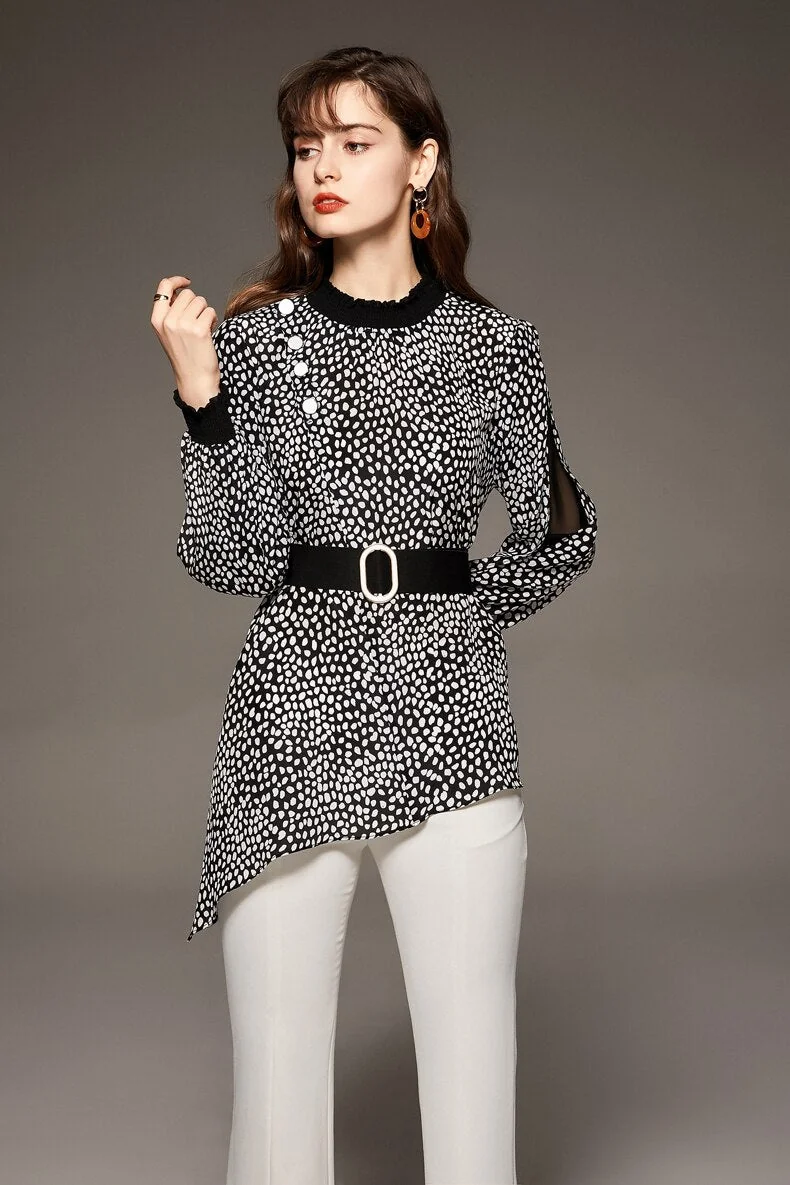 100% Natural Silk Women's Shirt O Neck Long Sleeves Dots Printed Asymmetrical Fashion Blouse Tops
