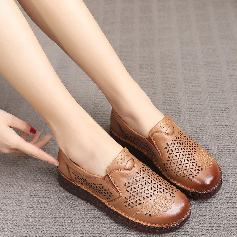 Spring Summer Slip On Women Shoes Hollow Breathable Genuine Leather Moccasins Flats Shoes Female - Image 4