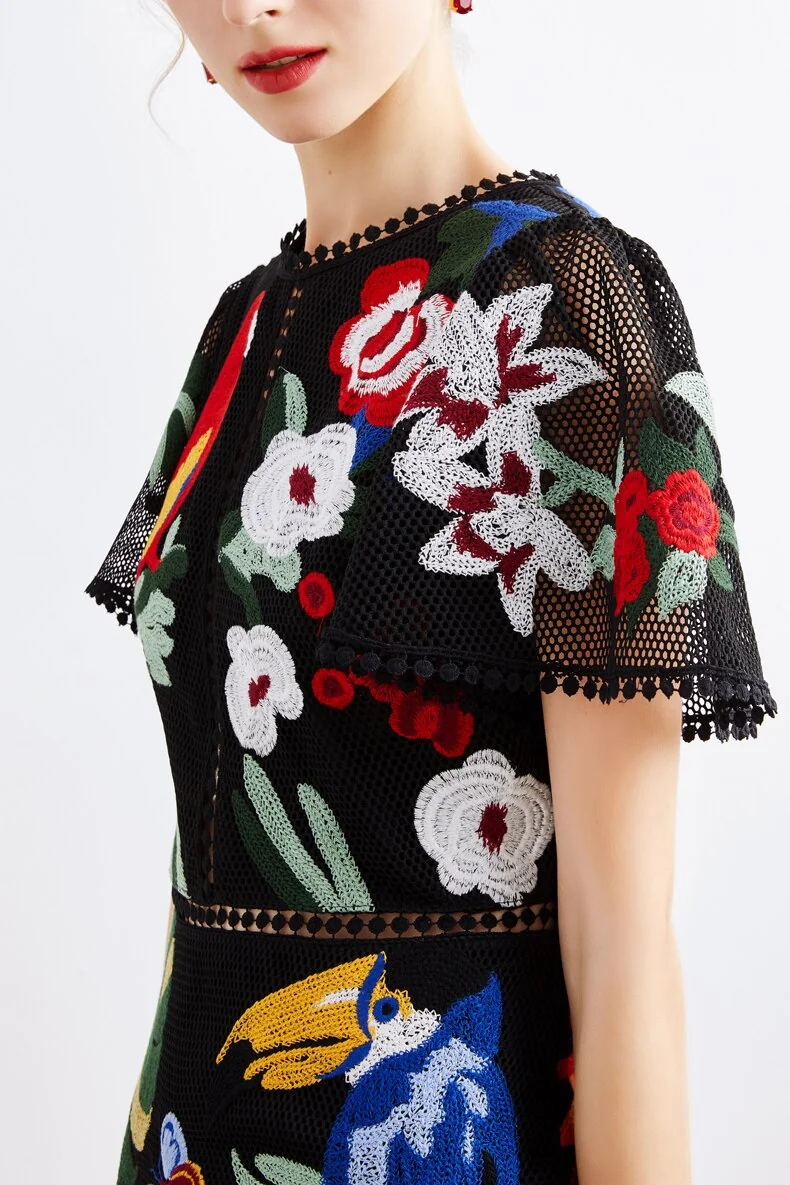 Women's Runway Dresses O Neck Short Sleeves Embroidery Elegant High Street Fashion Casual Dresses - Image 5