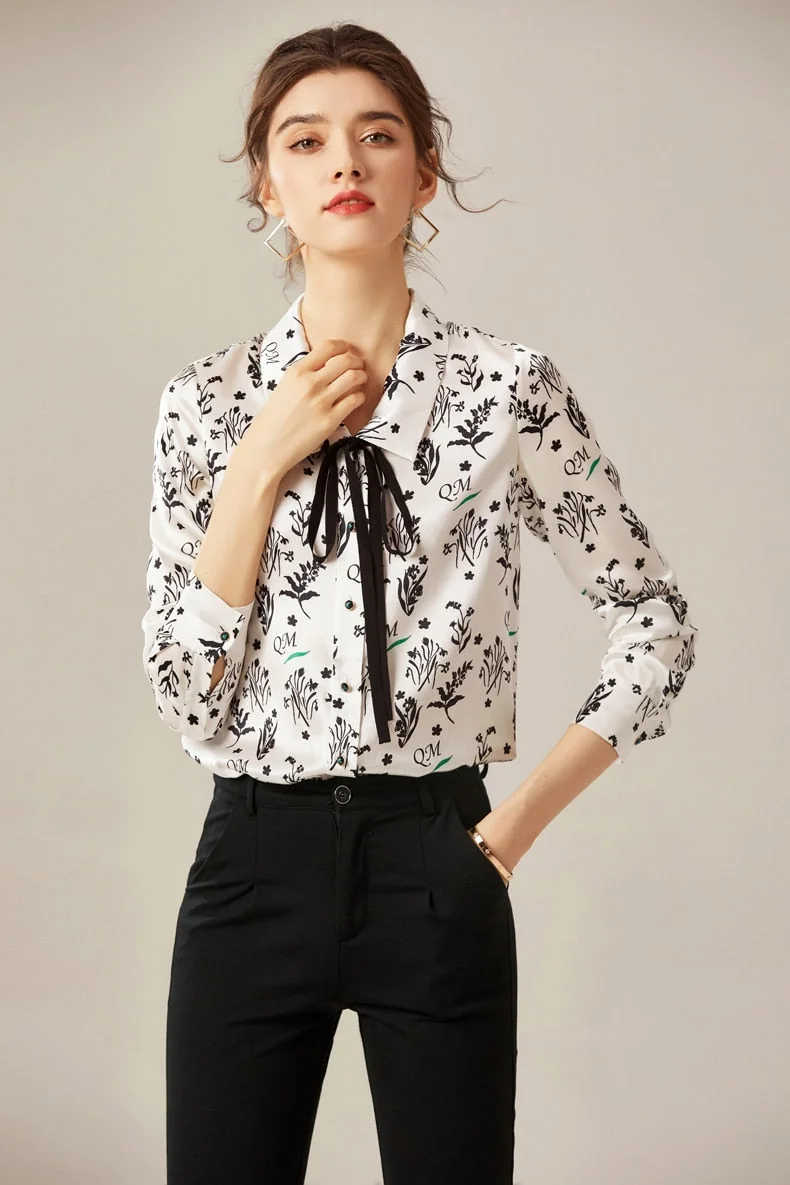 100% Silk Women's Shirt Turn Down Collar Lace Up Printed Long Sleeves Fashion Casual Blouse Tops - Image 5