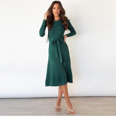 Autumn Winter Bubble Long Sleeve Knit Dress Women Temperament Thin High Waisted Big Swing Base Sweater Dress