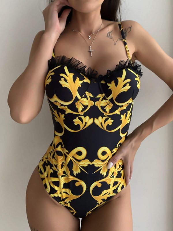 Sexy Printed Bra Cup Push Up One Piece Swimsuit Women Swimwear Female Lace Ruffled Frilled Bather Bathing Suit Swim - Takalr