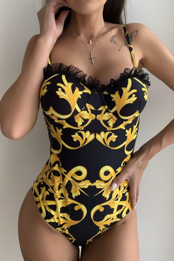 Sexy Printed Bra Cup Push Up One Piece Swimsuit Women Swimwear Female Lace Ruffled Frilled Bather Bathing Suit Swim - Takalr