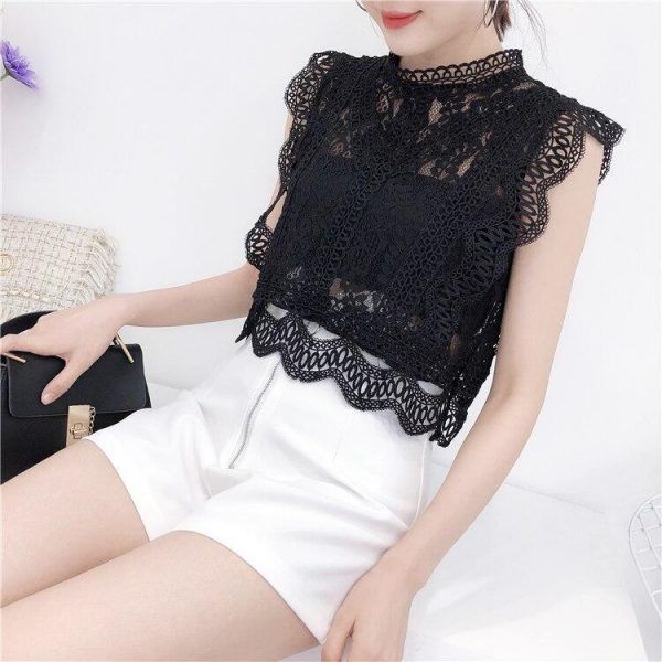 Summer new women's fresh temperament openwork lace top women's solid color wild vest women - Takalr