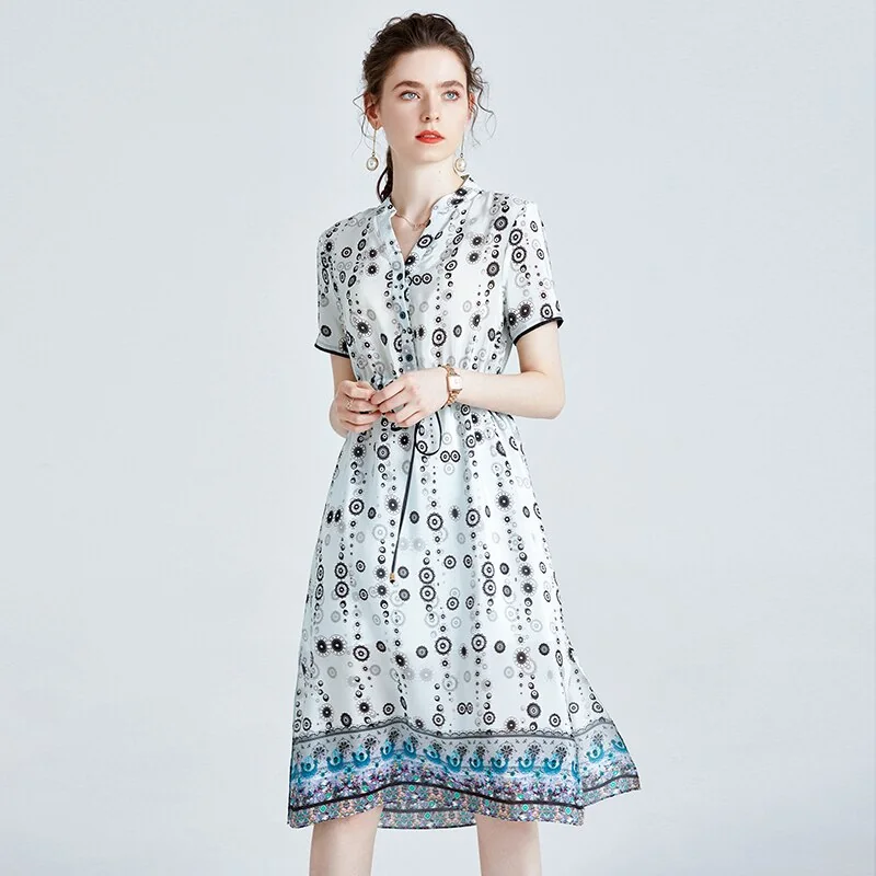 100% Silk Women's Runway Dresses V Neck Short Sleeves Printed Sash Belt Split Fashion Casual Designer Dresses - Image 6
