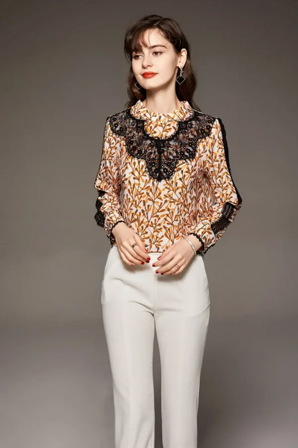 100% Silk Women's Blouse O Neck Long Sleeves Printed Hollow Out Lace Patchwork Fashion Casual Shirt Tops