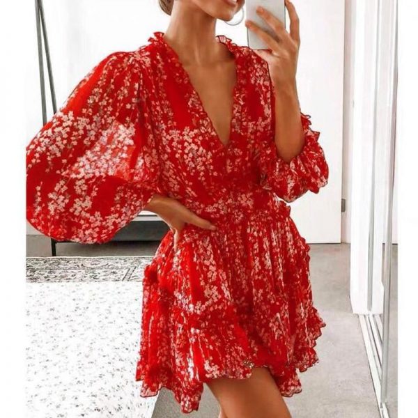 V-neck backless dress printed Elegant lantern sleeve ruffle dresses - Takalr