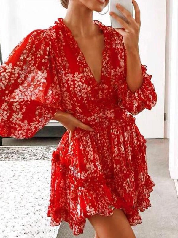 V-neck backless dress printed Elegant lantern sleeve ruffle dresses - Takalr