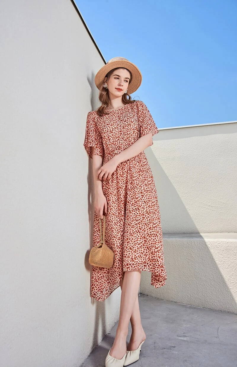 100% Silk Women's Runway Dresses O Neck Short Sleeves Printed High Street Fashion Summer Holiday Dresses - Image 3