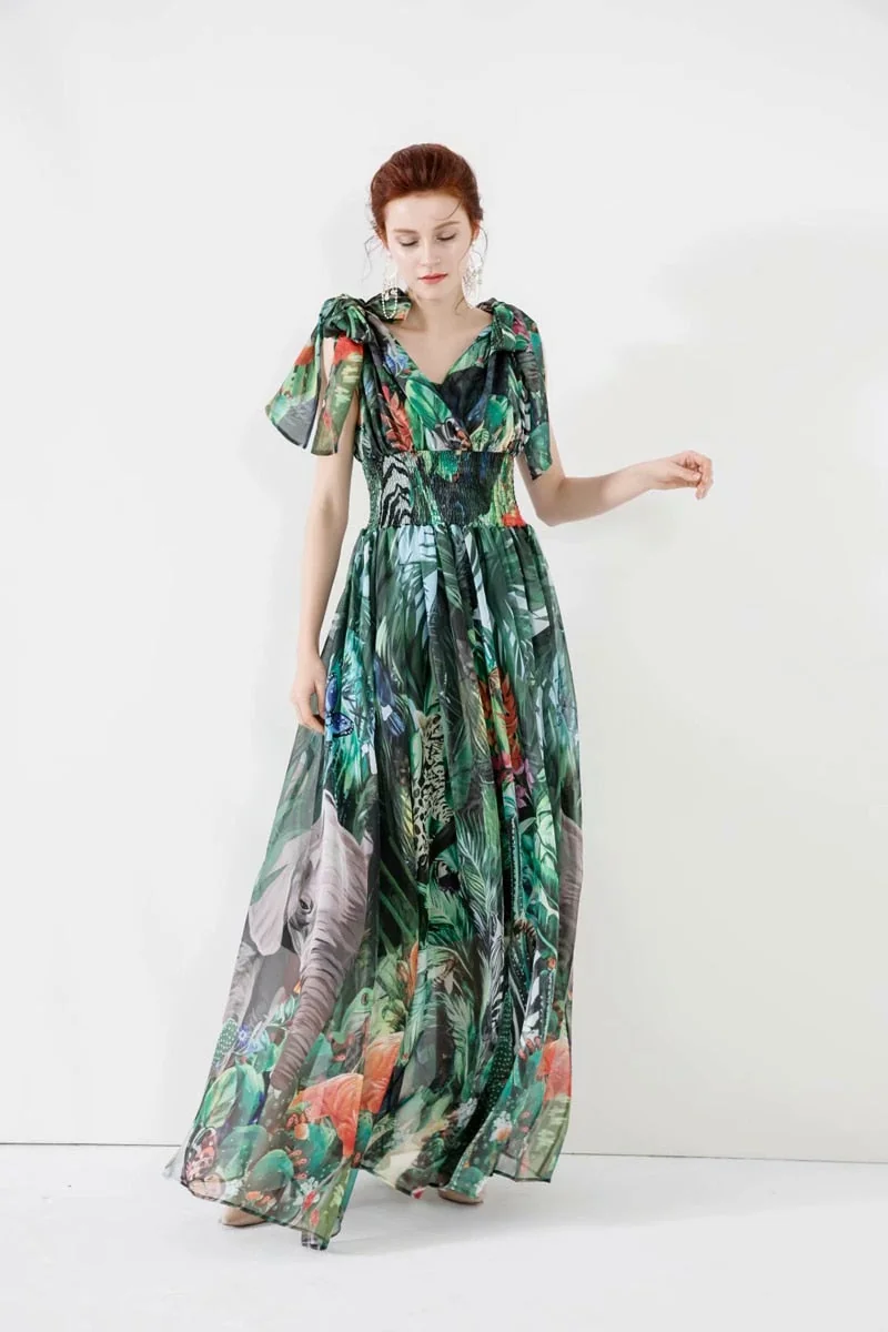 Women's Runway Dresses Sexy V Neck Sleeveless Lace Up Bow Printed Elastic Waist Elegant Long Floral Dresses - Image 2