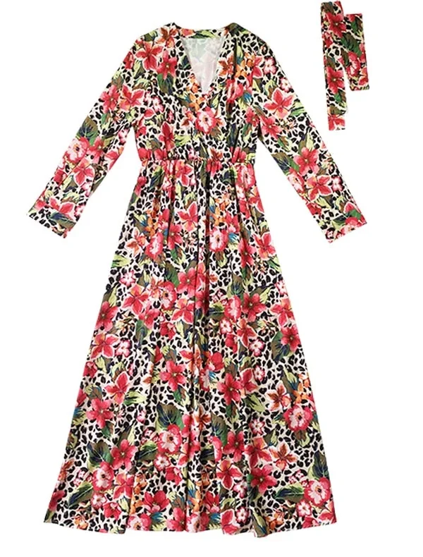 Women's Runway Dress Sexy V Neck Long Sleeves Floral Printed Sash Belt Ruched Fashion Maxi Dresses Vestidos