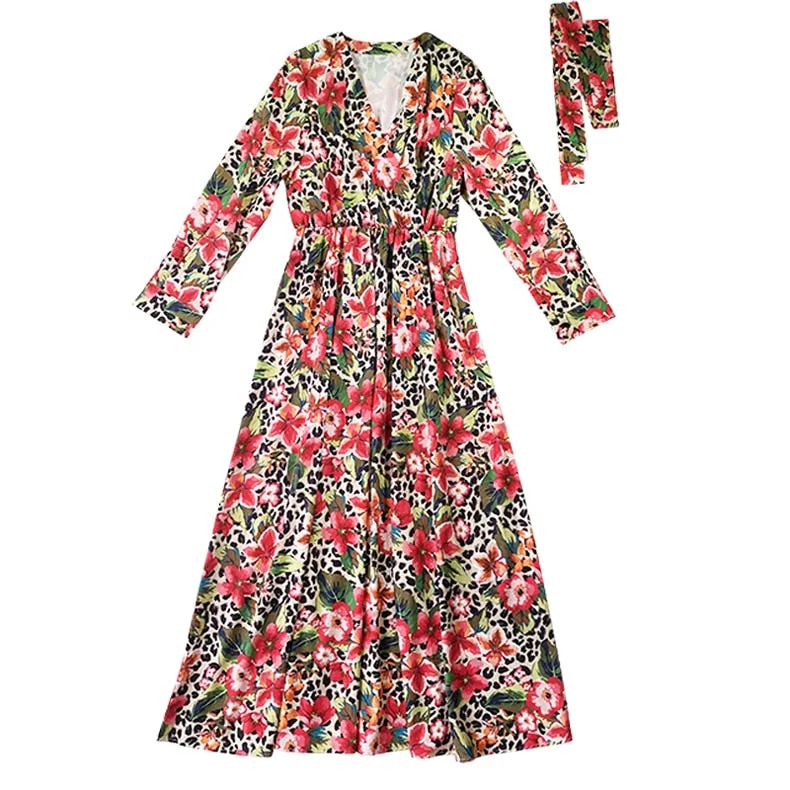 Women's Runway Dress Sexy V Neck Long Sleeves Floral Printed Sash Belt Ruched Fashion Maxi Dresses Vestidos