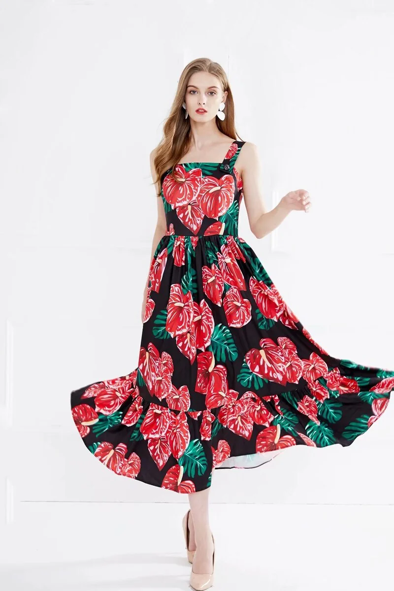 Women's Runway Dresses Sexy Spaghetti Straps Square Neckline Floral Printed Ruffles Fashion Casual Summer Dresses - Image 6