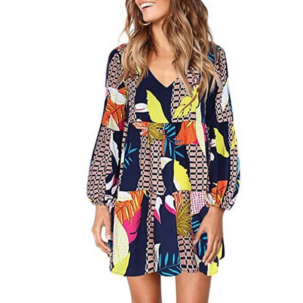 Fashion Womens Long Sleeve Dress Maple Leaf Printed Swing Loose Comfy Casual Dress A-line Fashion Dress#D3 - Takalr