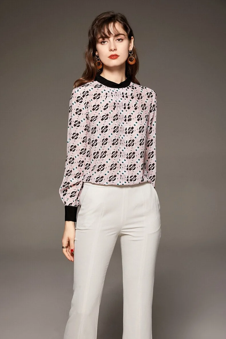 100 Silk Women's Shirt O Neck Long Sleeves Printed Ruched Pullover Fashion Blouse Elegant Tops - Image 6
