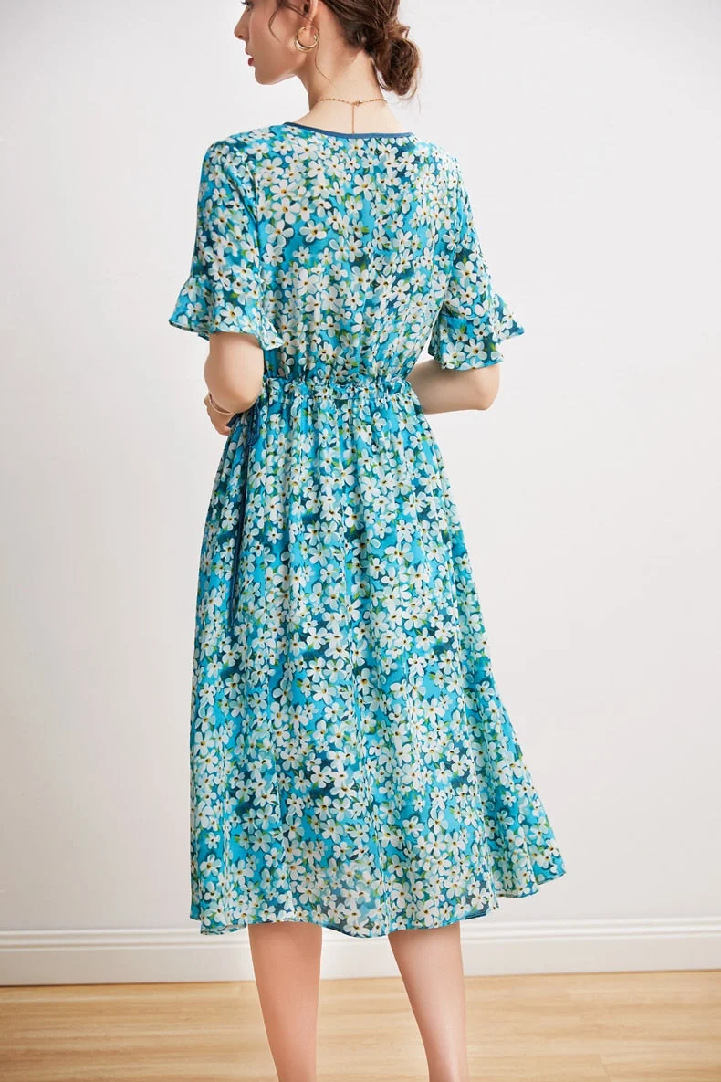 100% Silk Women's Dresses O Neck Short Sleeves Lace Up Waist Floral Printed Elegant Summer Dress Vestidos - Image 6