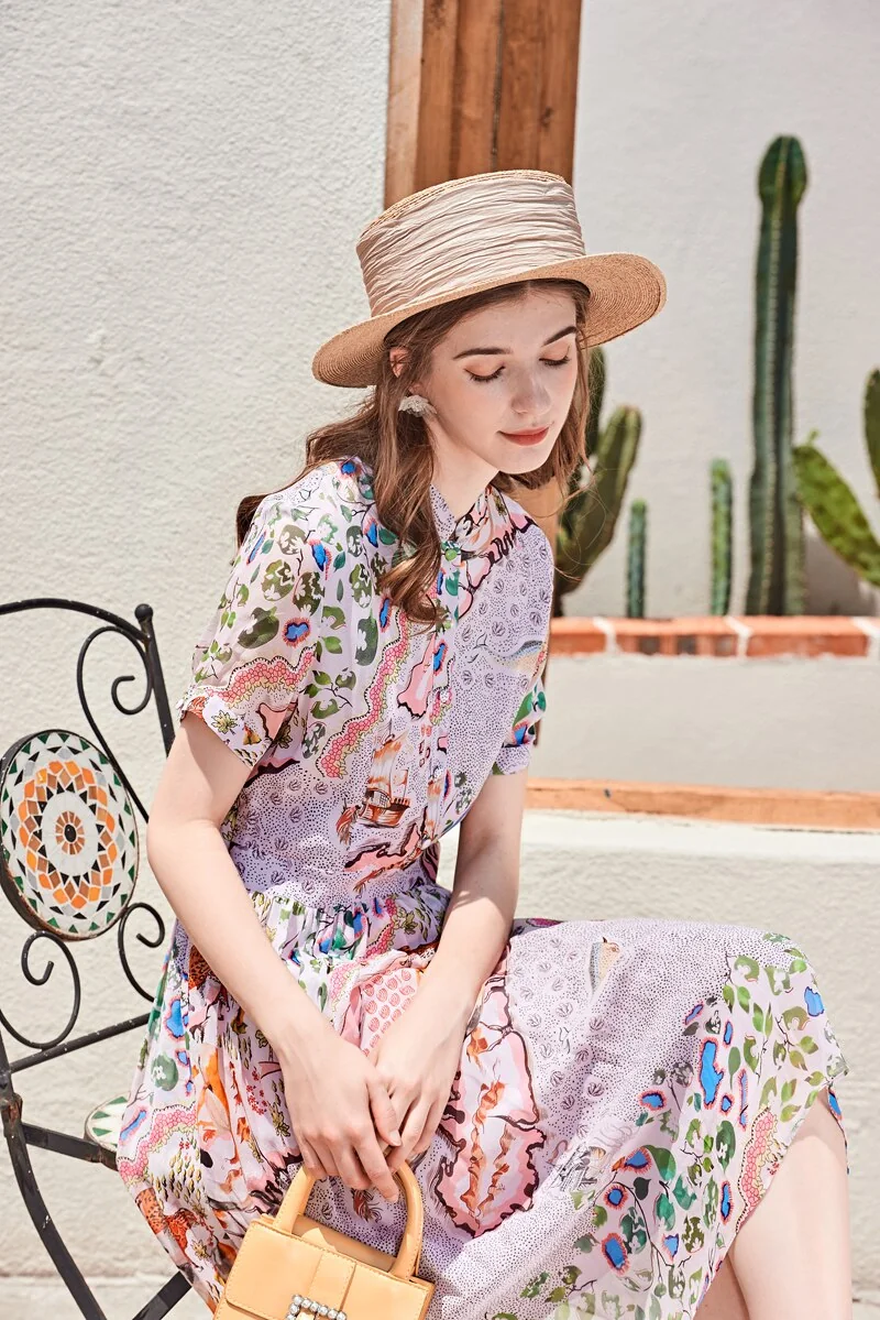 100% Silk Women's Runway Dresses O Neck Short Sleeves Ruched Printed Fashion Casual Summer Dresses - Image 3
