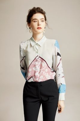 100% Silk Women's  Shirts Turn Down Collar Long Sleeves Printed Elegant Blouse Fashion Camisa Tops