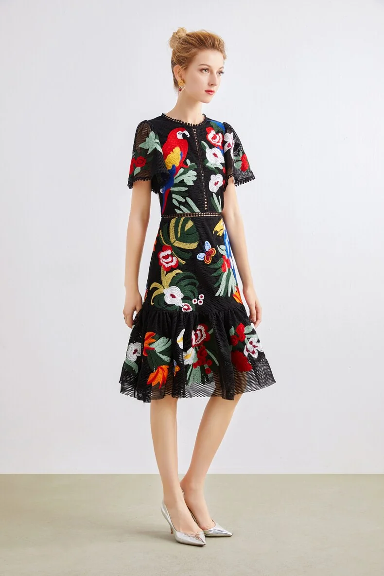 Women's Runway Dresses O Neck Short Sleeves Embroidery Elegant High Street Fashion Casual Dresses - Image 3