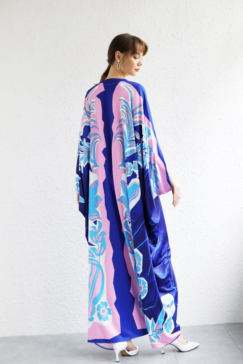 Women's Runway Dresses Sexy V Neck Batwing Sleeves Picked Up Printed Elegant Loose Design Fashion Casual Robes Maxi Dresses - Image 3