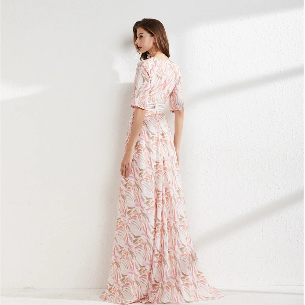 Women's Runway Dresses Sexy V Neck Short Sleeves Printed Elegant Summer Long Floor Length Dress Party Prom - Image 6