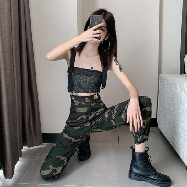 Women Suspenders Military Camouflage Pants Ladies Army High Waist Sweatpants Loose Camo Pants Trousers Hip Pop Street Joggers - Takalr