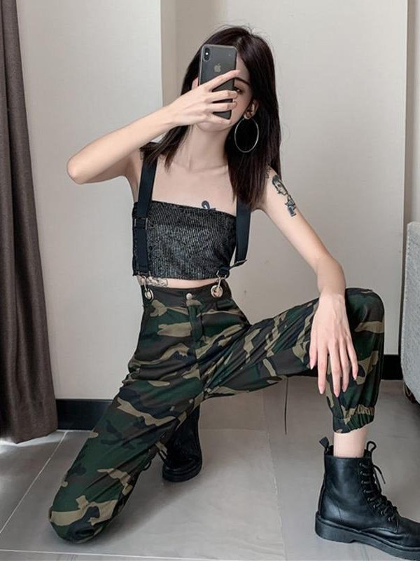 Women Suspenders Military Camouflage Pants Ladies Army High Waist Sweatpants Loose Camo Pants Trousers Hip Pop Street Joggers - Takalr