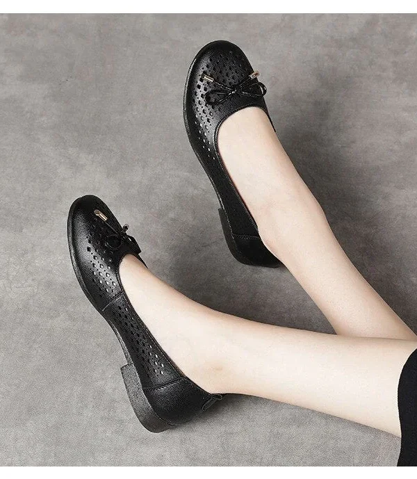 Summer Women Hollow Genuine Leather Mom Shoes Comfortable Flats Nurse Casual Slip-on Ballet Flat Loafers