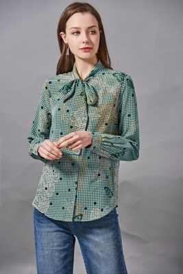 100% Silk Women's Shirt Bow Collar Long Sleeves Floral Printed Fashion Blouse Camisa Outerwear