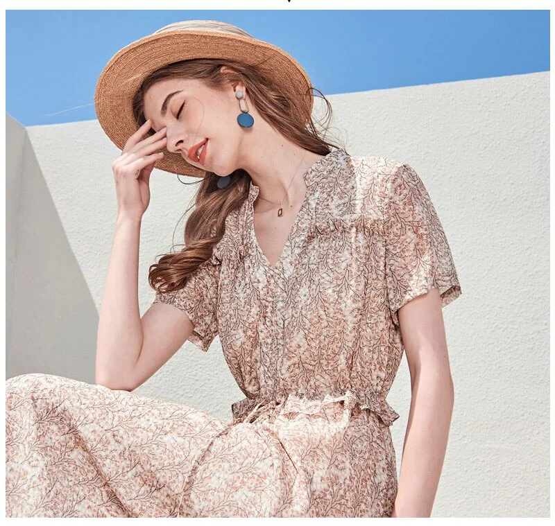 100% Silk Women's Runway Dresses Sexy V Neck Short Sleeves Printed Ruffles Fashion Casual Mid Summer Dresses - Image 7