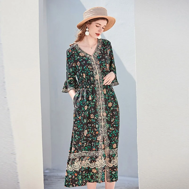 100% Silk Women's Runway Dresses Sexy V Neck 3/4 Flare Sleeves Floral Printed Fashion Mid Summer Dresses - Image 3