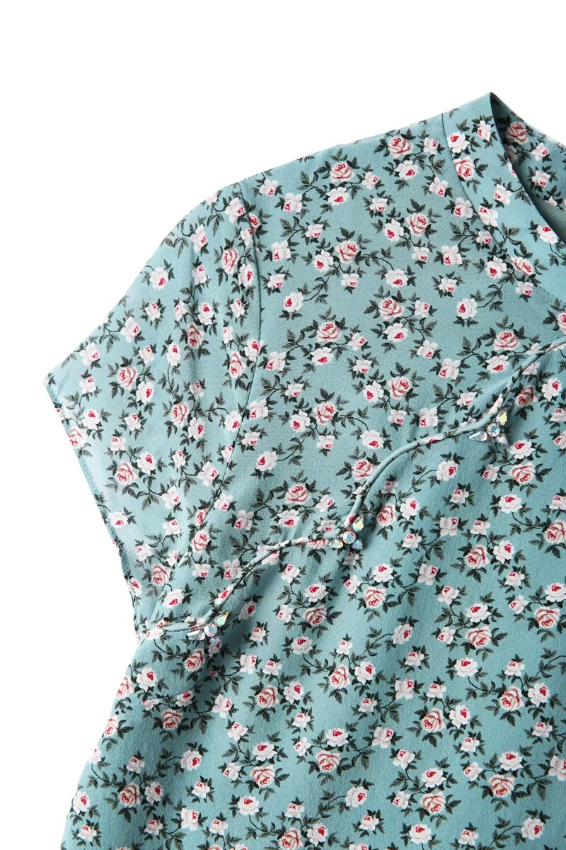 100% Silk Women's Dresses Stand Collar Short Sleeves Printed Floral Asymmetrical Elegant Fashion Dresses - Image 10