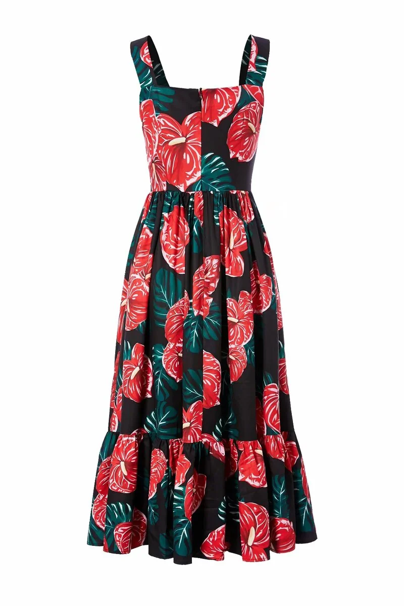 Women's Runway Dresses Sexy Spaghetti Straps Square Neckline Floral Printed Ruffles Fashion Casual Summer Dresses - Image 9