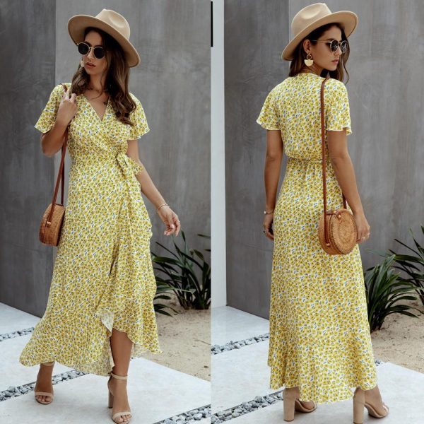 Summer Maxi Dress Women Polka Dot Sexy V Neck Ruffles Short Sleeve Holiday Long Beach Sundress Ladies Lace Up Wrap Party Dresses - Takalr