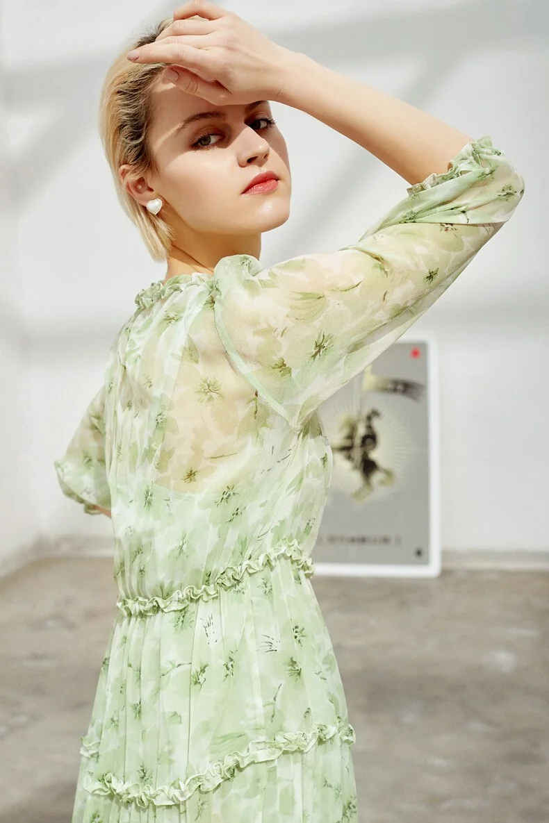 100% Heavy Silk Women's Runway Dresses O Neck 3/4 Sleeves Printed Tiered Ruffles Fashion Casual Mid Calf Dresses - Image 5