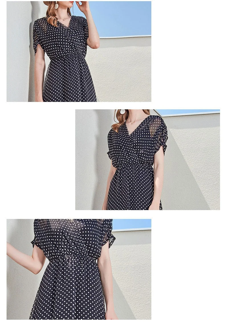100% Silk Women's Runway Dresses Sexy V Neck Short Ruched Sleeves Polka Dots Printed Fashion Casual Summer Dresses - Image 3
