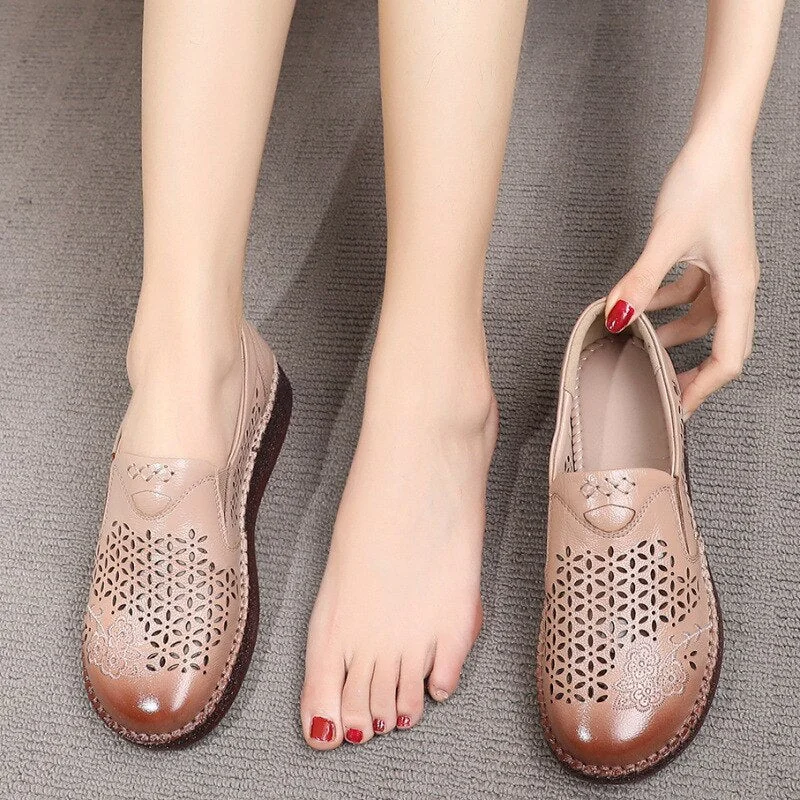 Spring Summer Slip On Women Shoes Hollow Breathable Genuine Leather Moccasins Flats Shoes Female - Image 32