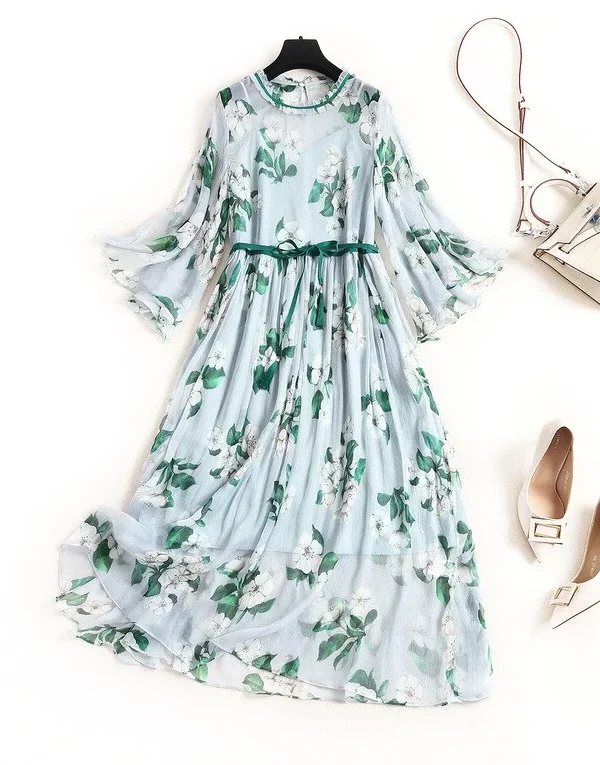 100% Natural Silk Women's Dresses O Neck 3/4 Flare Sleeves Printed Ruffles Fashion Summer Dress