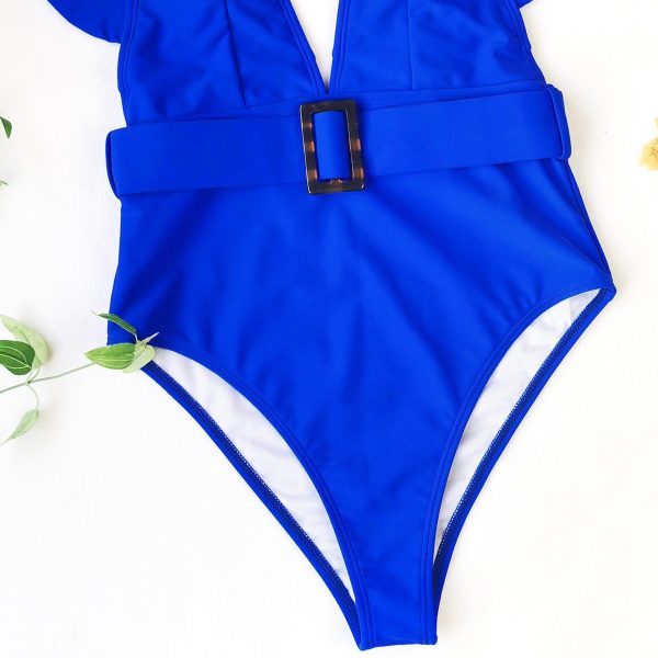 Plunging One Piece Swimsuits Ruffle Swimwear Women 2021 Belted Bathers Sexy Backless Beachwear High Cut Bathing Suits - Takalr