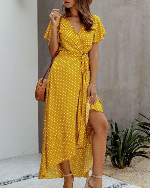 Summer Maxi Dress Women Polka Dot Sexy V Neck Ruffles Short Sleeve Holiday Long Beach Sundress Ladies Lace Up Wrap Party Dresses - Takalr