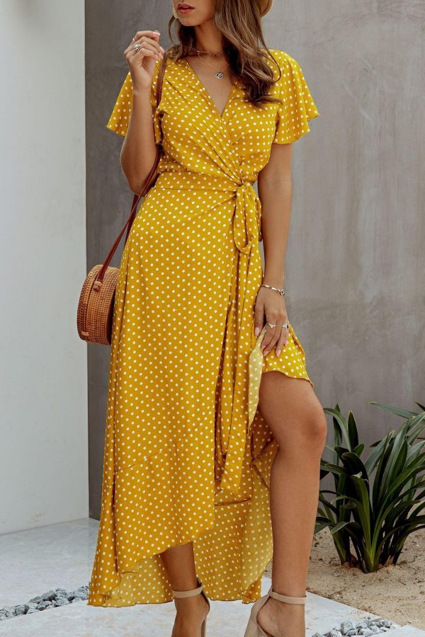 Summer Maxi Dress Women Polka Dot Sexy V Neck Ruffles Short Sleeve Holiday Long Beach Sundress Ladies Lace Up Wrap Party Dresses - Takalr