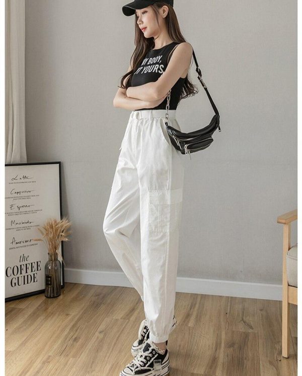 High Waist  Women's Looses Cargo Pants With belt nine-point harem pants Colorfur  high waist pants sashes pockets office pants - Takalr